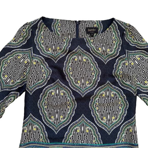 Laundry Shelli Segal Dress Blue Teal White Retro Print 3/4 Sleeve Shift Size 2 - Picture 8 of 12